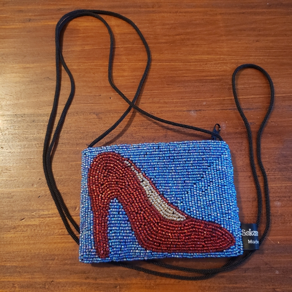 Sakura Red Shoe beaded small bag with 60 inch cord strap